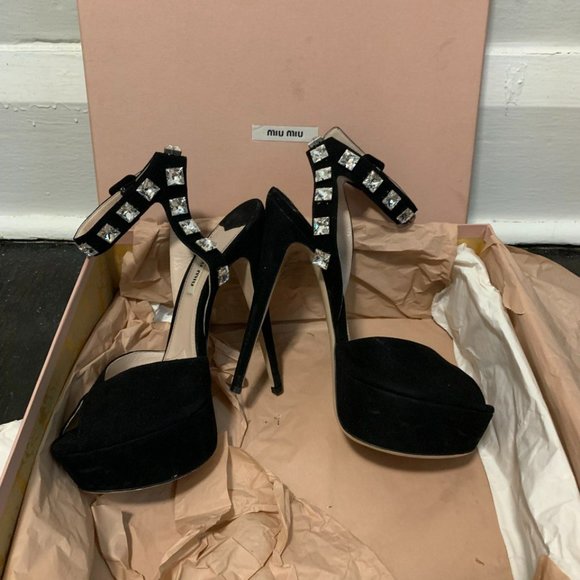 Miu miu - Black Platformed Heels with Swarovski Crystals - Picture 2 of 5